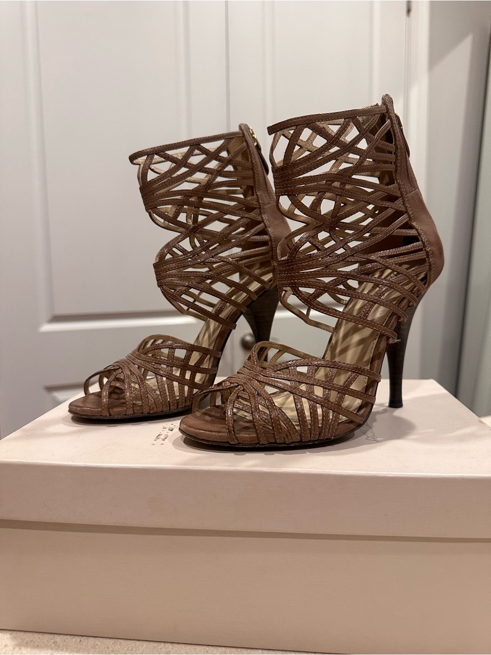 Tracy Reese Brown Strappy Cage High-Heel Sandals